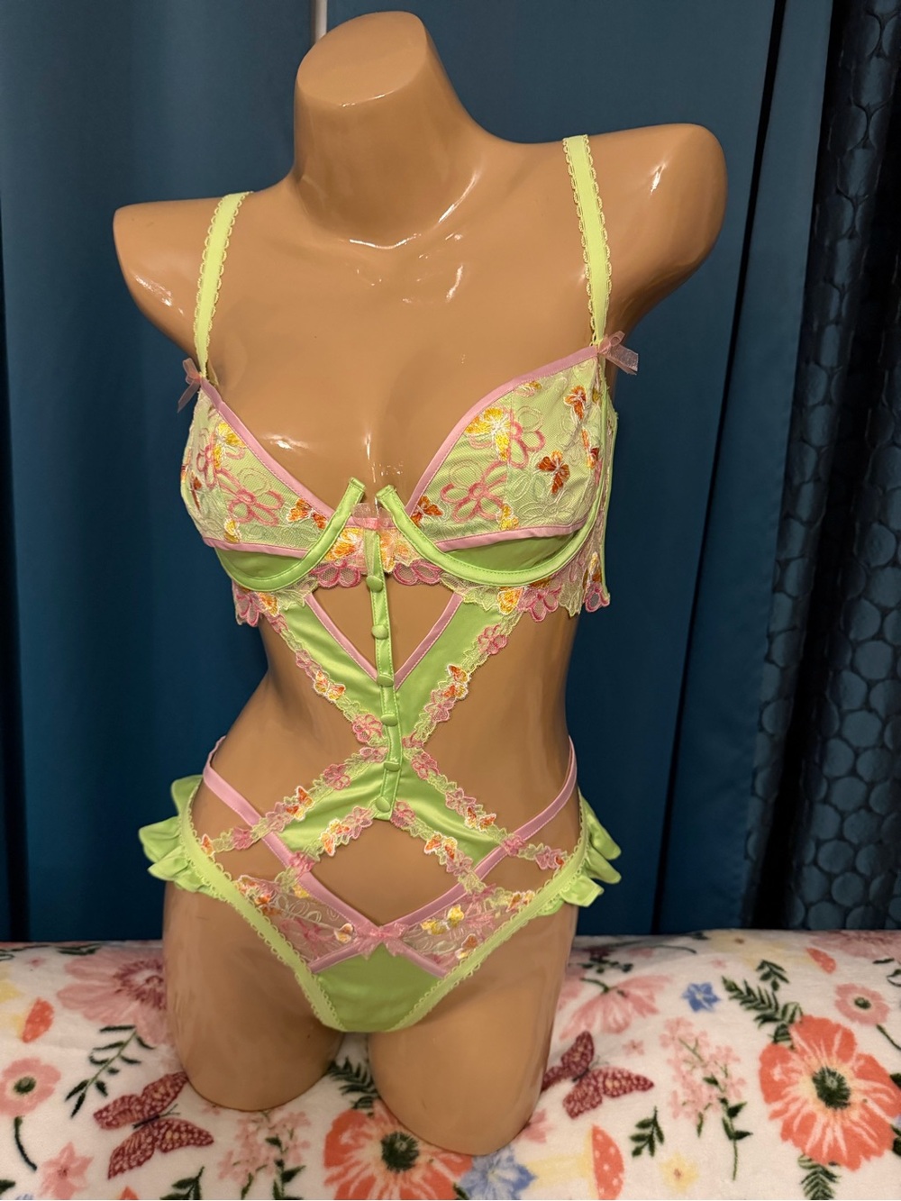 For Love And Lemons Lime Green & Pink Floral Lace Strappy One Piece